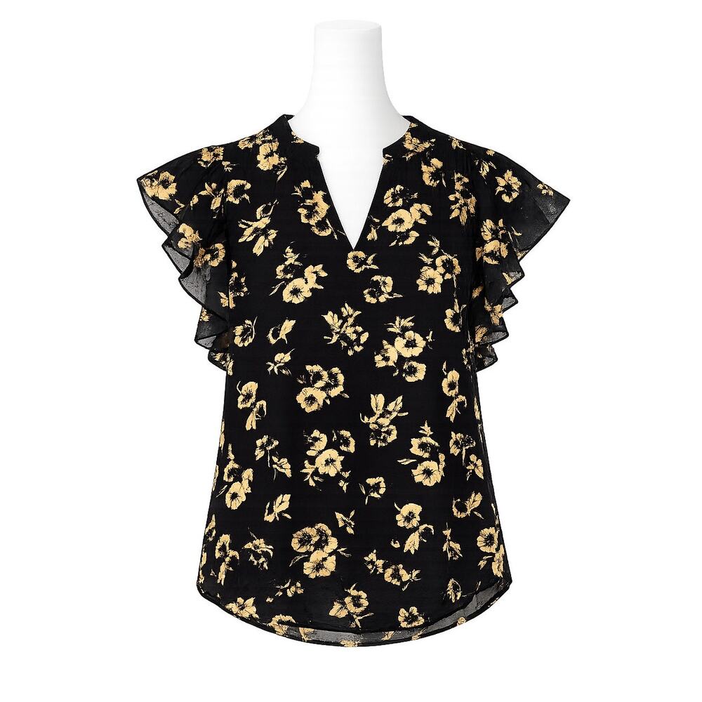 Joie “Marlina” Floral Popover V‑Neck Blouse – Waterfall Ruffle Sleeves - Size M